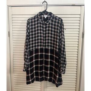 J. Jill Plaid Button Down Tunic Top Womens XL Black Red Cotton Pocket Grunge